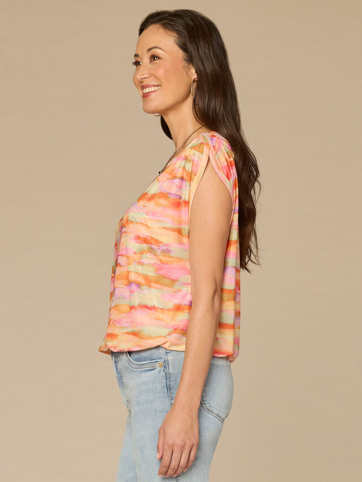 Democracy Clothing Extended Shoulder Boat Neck Bubble Hem Printed Knit Top - Winter Melon Sea Grass Multi