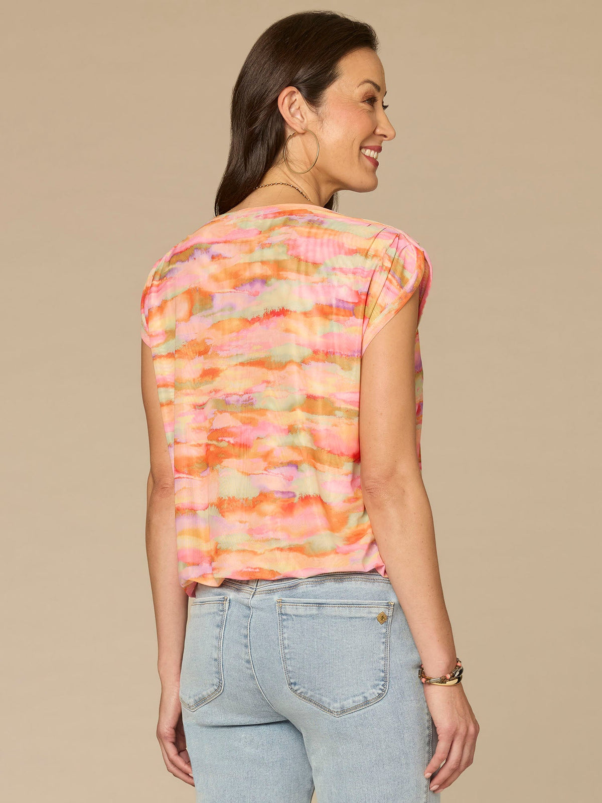 Democracy Clothing Extended Shoulder Boat Neck Bubble Hem Printed Knit Top - Winter Melon Sea Grass Multi