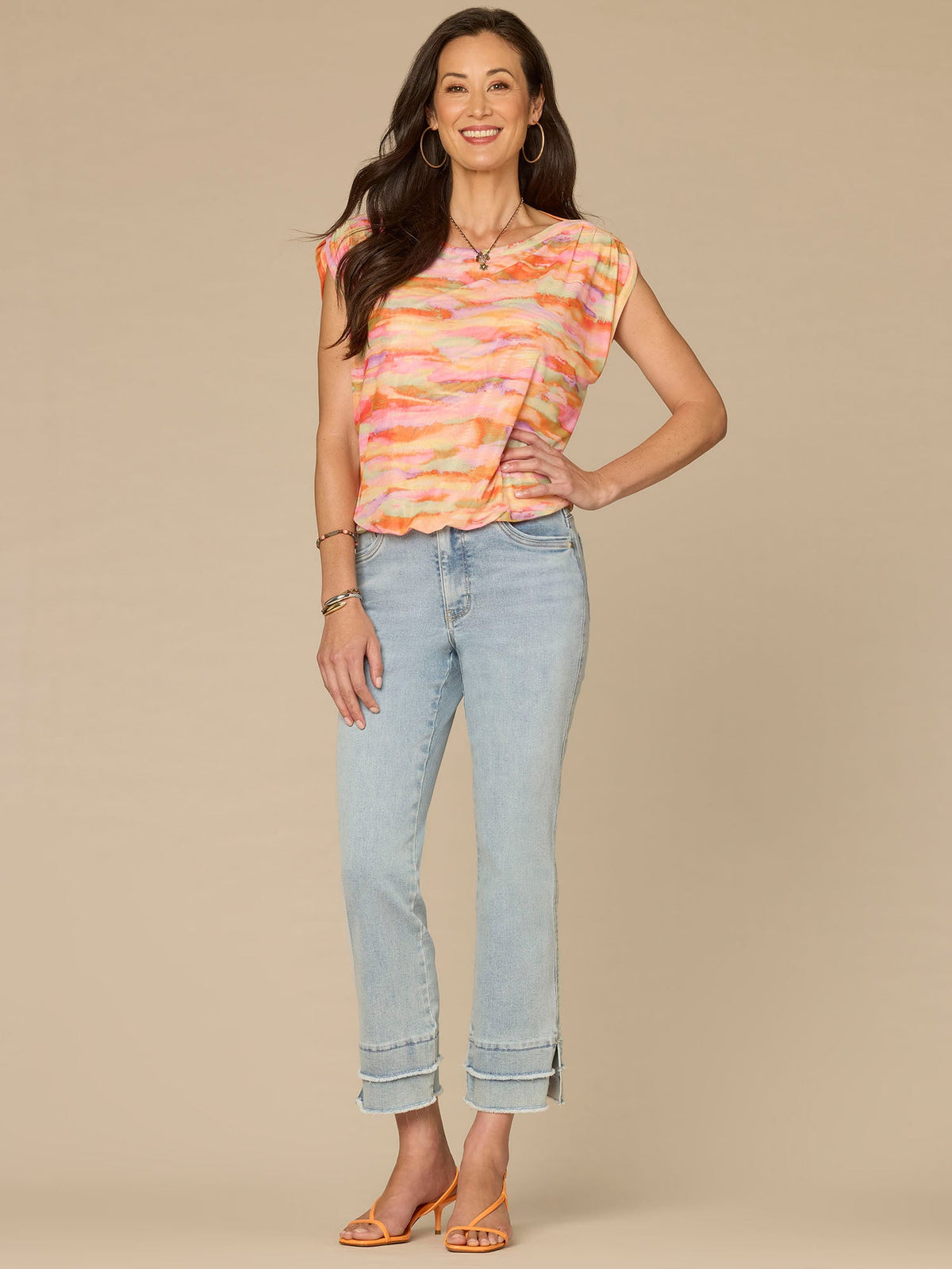 Democracy Clothing Extended Shoulder Boat Neck Bubble Hem Printed Knit Top - Winter Melon Sea Grass Multi
