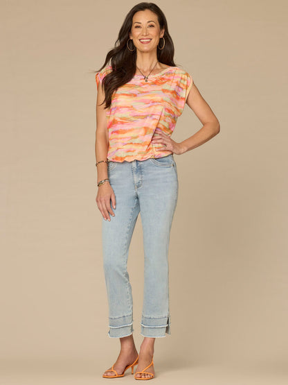 Democracy Clothing Extended Shoulder Boat Neck Bubble Hem Printed Knit Top - Winter Melon Sea Grass Multi