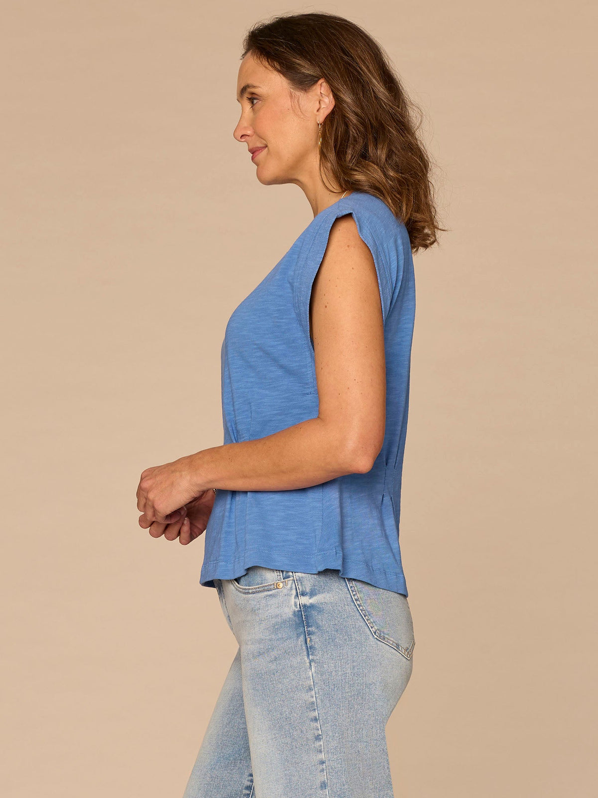 Democracy Clothing Extended Sleeve Embroidered Scoop Neck Pleated Peplum Knit Top - Off White|Persimmon Red|Mediterranean Blue