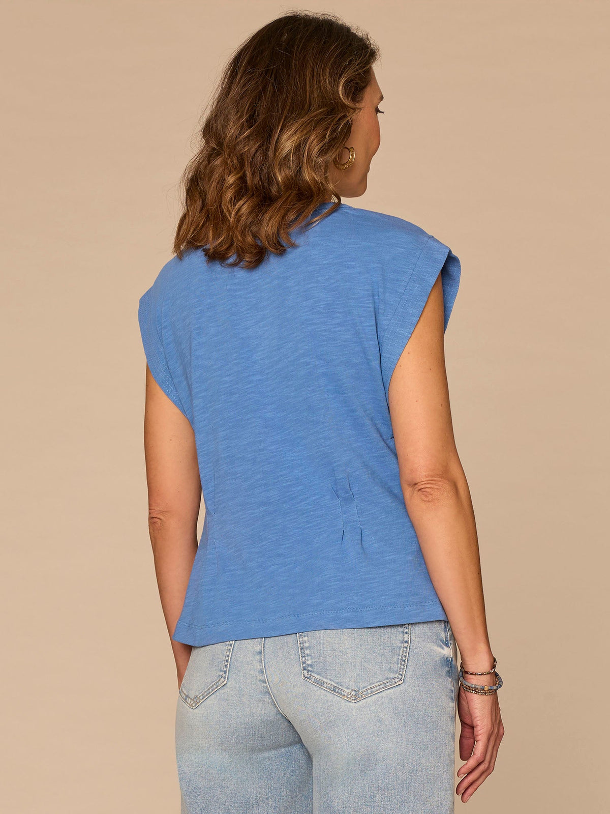 Democracy Clothing Extended Sleeve Embroidered Scoop Neck Pleated Peplum Knit Top - Off White|Persimmon Red|Mediterranean Blue