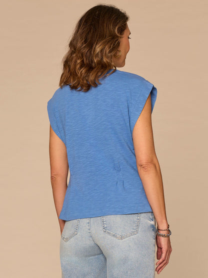 Democracy Clothing Extended Sleeve Embroidered Scoop Neck Pleated Peplum Knit Top - Off White|Persimmon Red|Mediterranean Blue