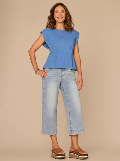 Democracy Clothing Extended Sleeve Embroidered Scoop Neck Pleated Peplum Knit Top - Off White|Persimmon Red|Mediterranean Blue