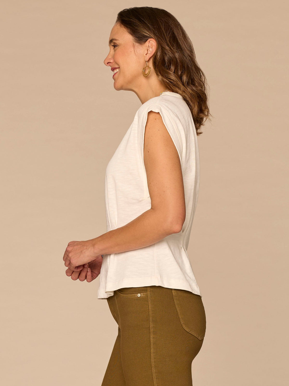 Democracy Clothing Extended Sleeve Embroidered Scoop Neck Pleated Peplum Knit Top - Off White|Persimmon Red|Mediterranean Blue