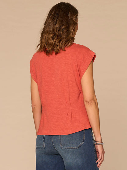 Democracy Clothing Extended Sleeve Embroidered Scoop Neck Pleated Peplum Knit Top - Off White|Persimmon Red|Mediterranean Blue