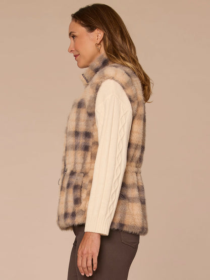 Democracy Clothing Funnel Neck Zip Front Toggle Waist Tie Woven Plaid Faux Fur Vest - Walnut Shadow Plaid