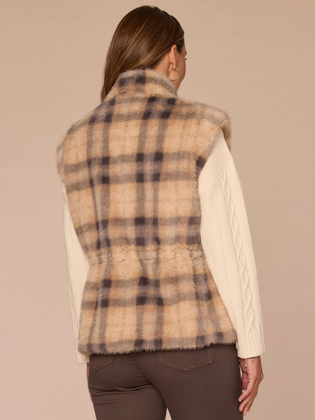 Democracy Clothing Funnel Neck Zip Front Toggle Waist Tie Woven Plaid Faux Fur Vest - Walnut Shadow Plaid