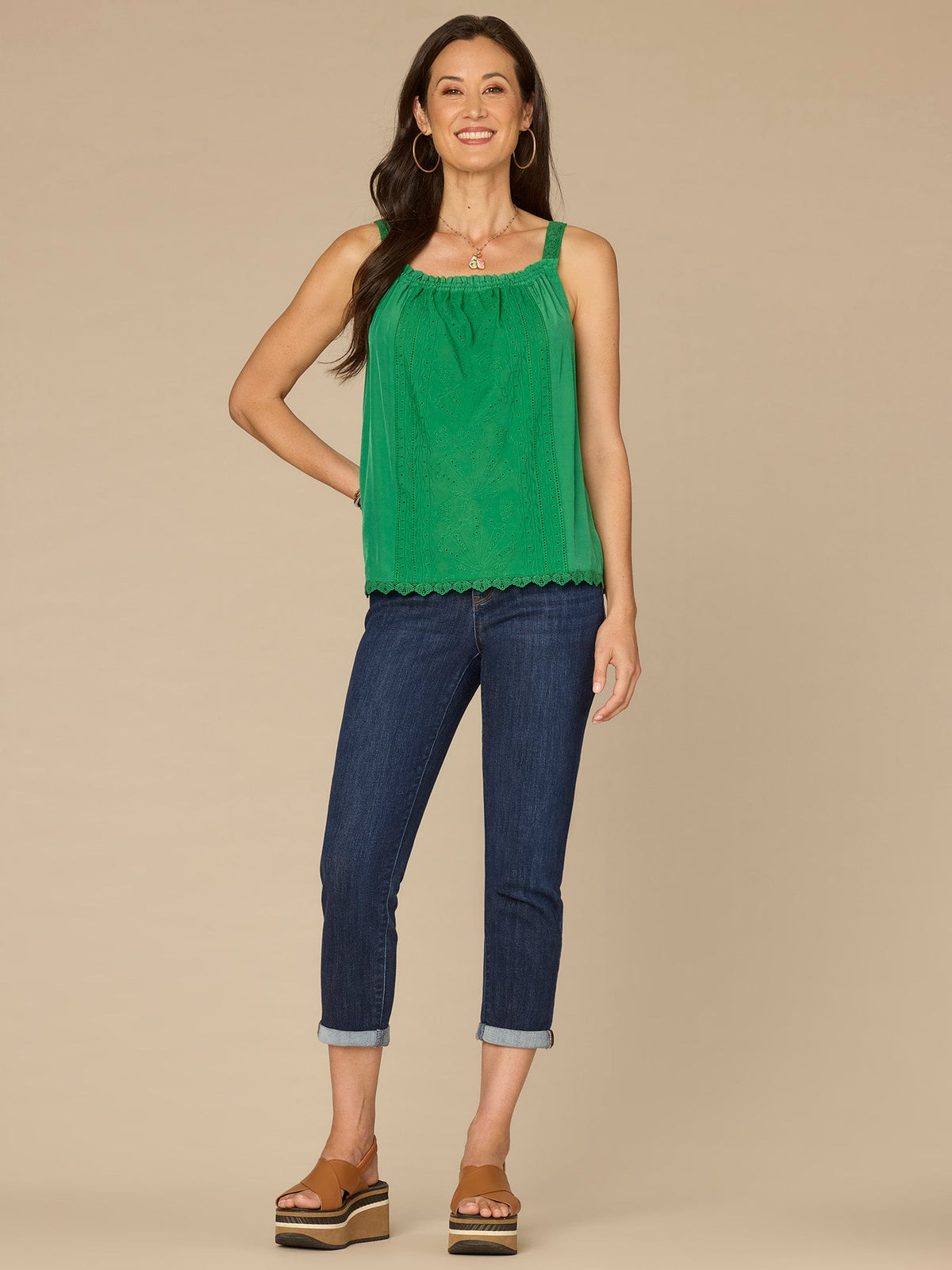 Democracy Clothing Ruched Square Neck Embroidered Scallop Edge Woven Petite Tank Top - Grass Green|Off White Caribbean Blue Multi