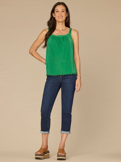 Democracy Clothing Ruched Square Neck Embroidered Scallop Edge Woven Petite Tank Top - Grass Green|Off White Caribbean Blue Multi