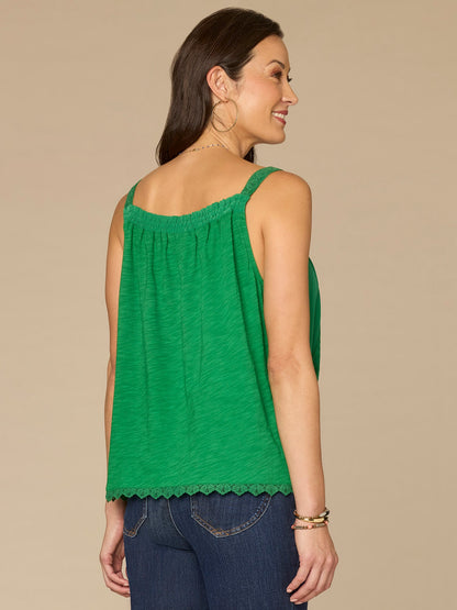 Democracy Clothing Ruched Square Neck Embroidered Scallop Edge Woven Petite Tank Top - Grass Green|Off White Caribbean Blue Multi
