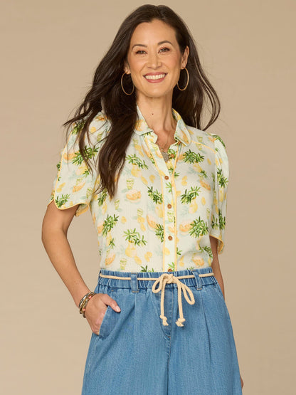 Democracy Clothing Above Elbow Puff Sleeve Scallop Collar Button Down Printed Woven Top - Periwinkle Floral Multi|Morning Mist Lemon Mist