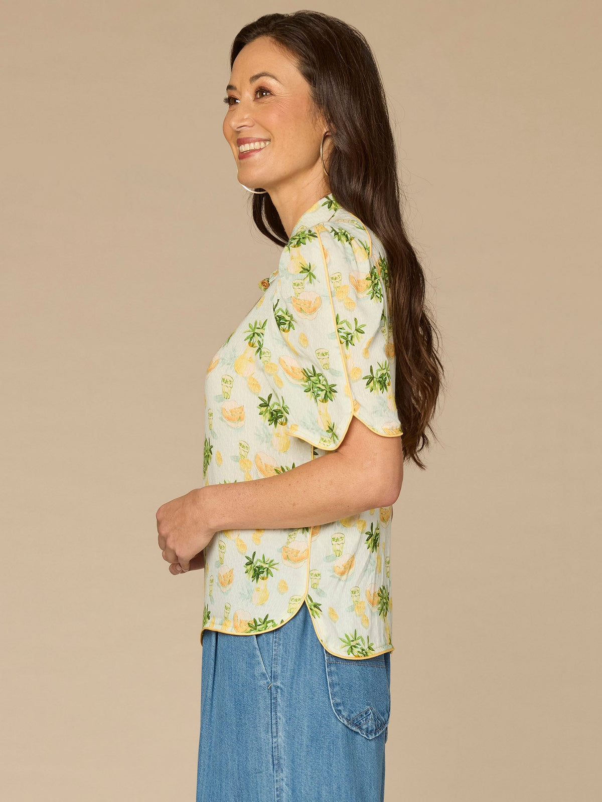 Democracy Clothing Above Elbow Puff Sleeve Scallop Collar Button Down Printed Woven Top - Periwinkle Floral Multi|Morning Mist Lemon Mist