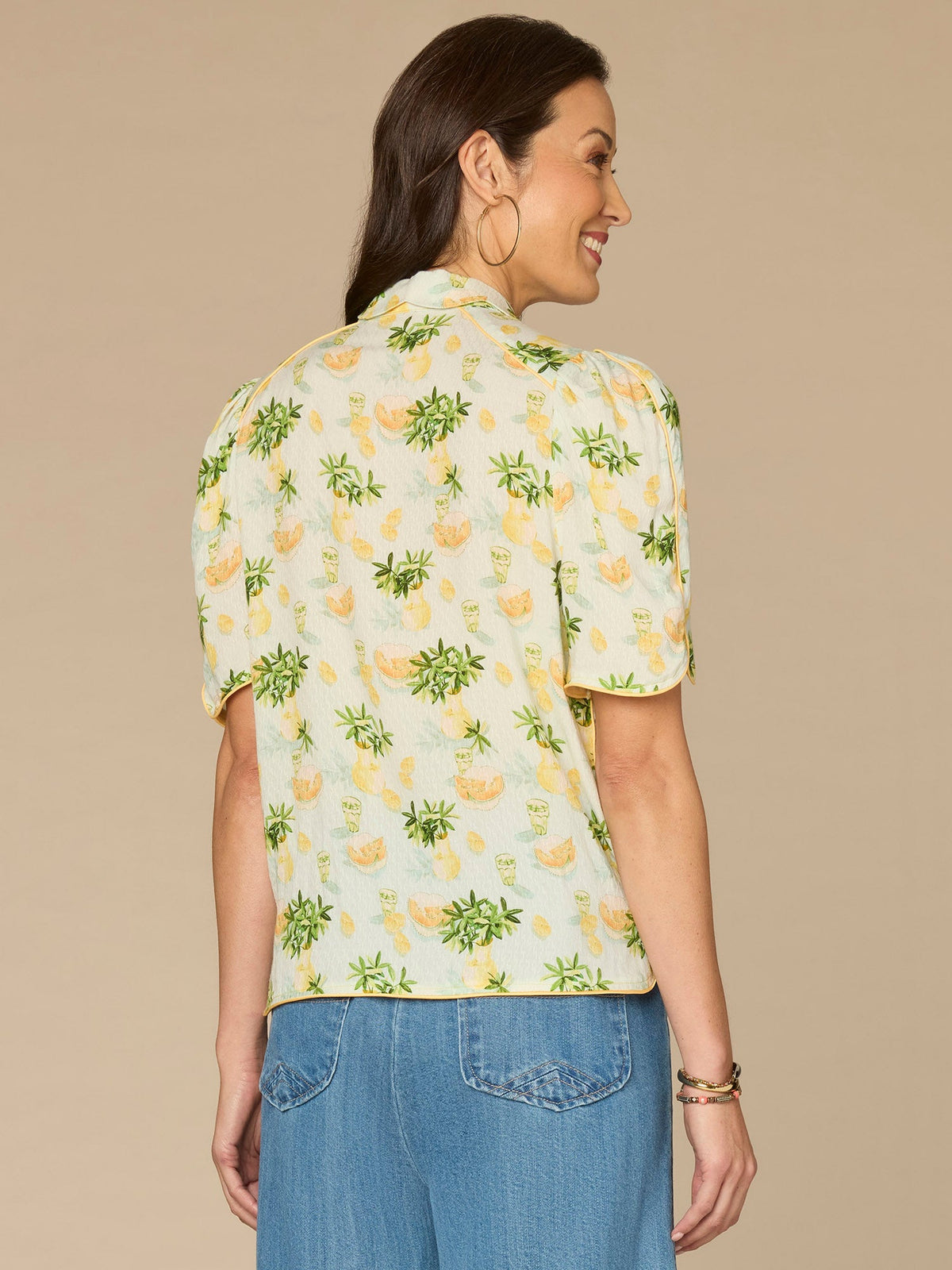 Democracy Clothing Above Elbow Puff Sleeve Scallop Collar Button Down Printed Woven Top - Periwinkle Floral Multi|Morning Mist Lemon Mist