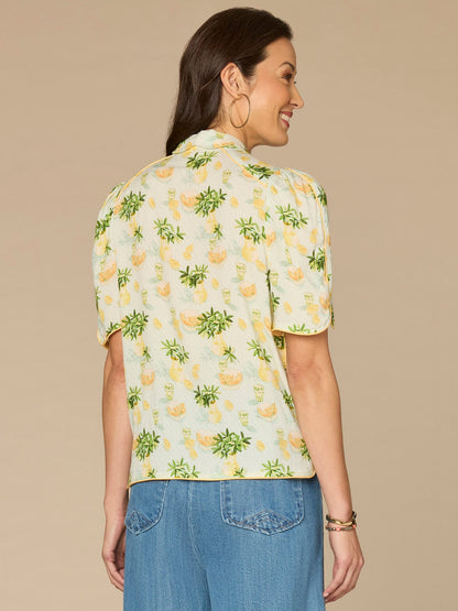 Democracy Clothing Above Elbow Puff Sleeve Scallop Collar Button Down Printed Woven Top - Periwinkle Floral Multi|Morning Mist Lemon Mist