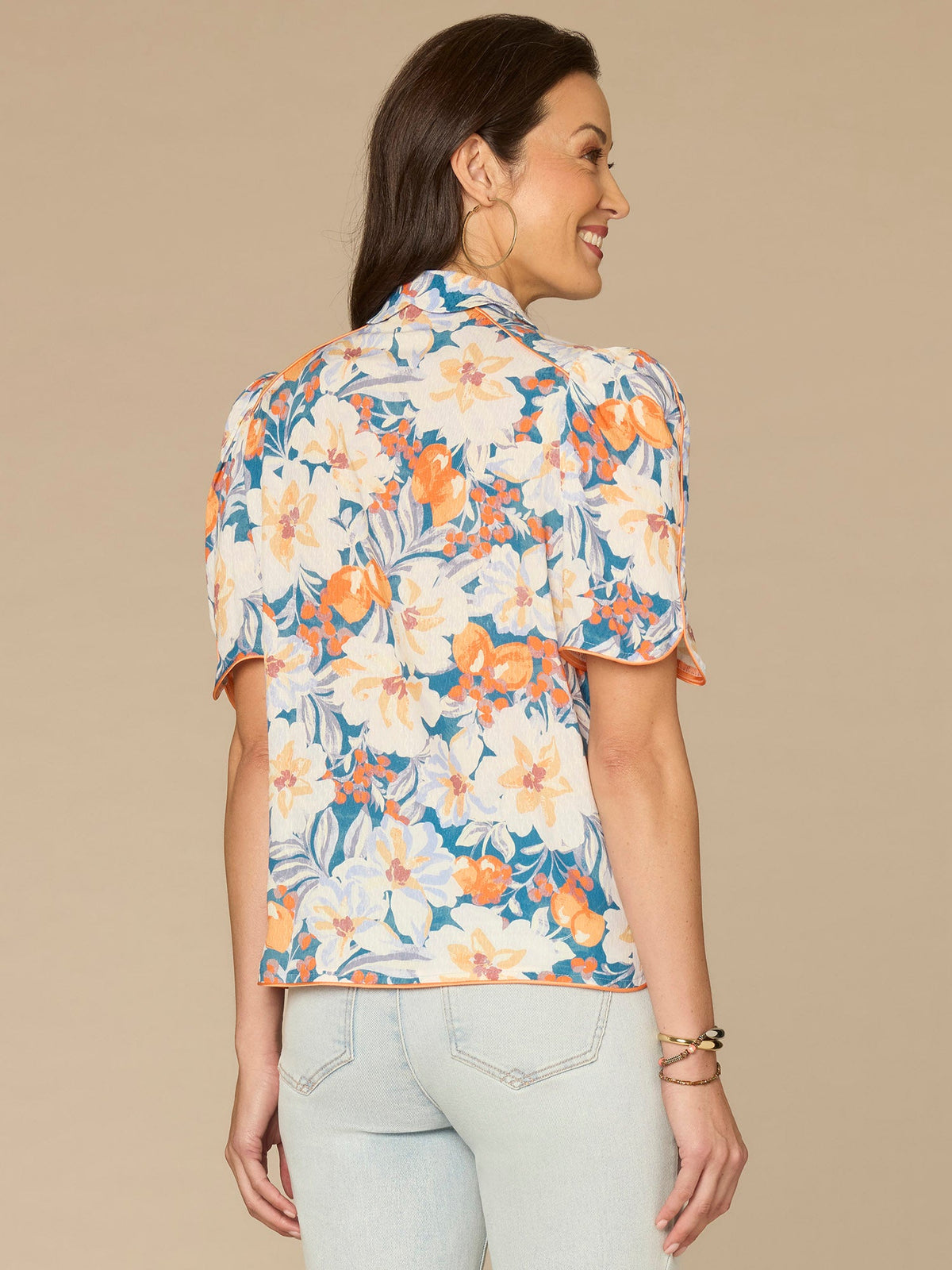 Democracy Clothing Above Elbow Puff Sleeve Scallop Collar Button Down Printed Woven Top - Periwinkle Floral Multi|Morning Mist Lemon Mist
