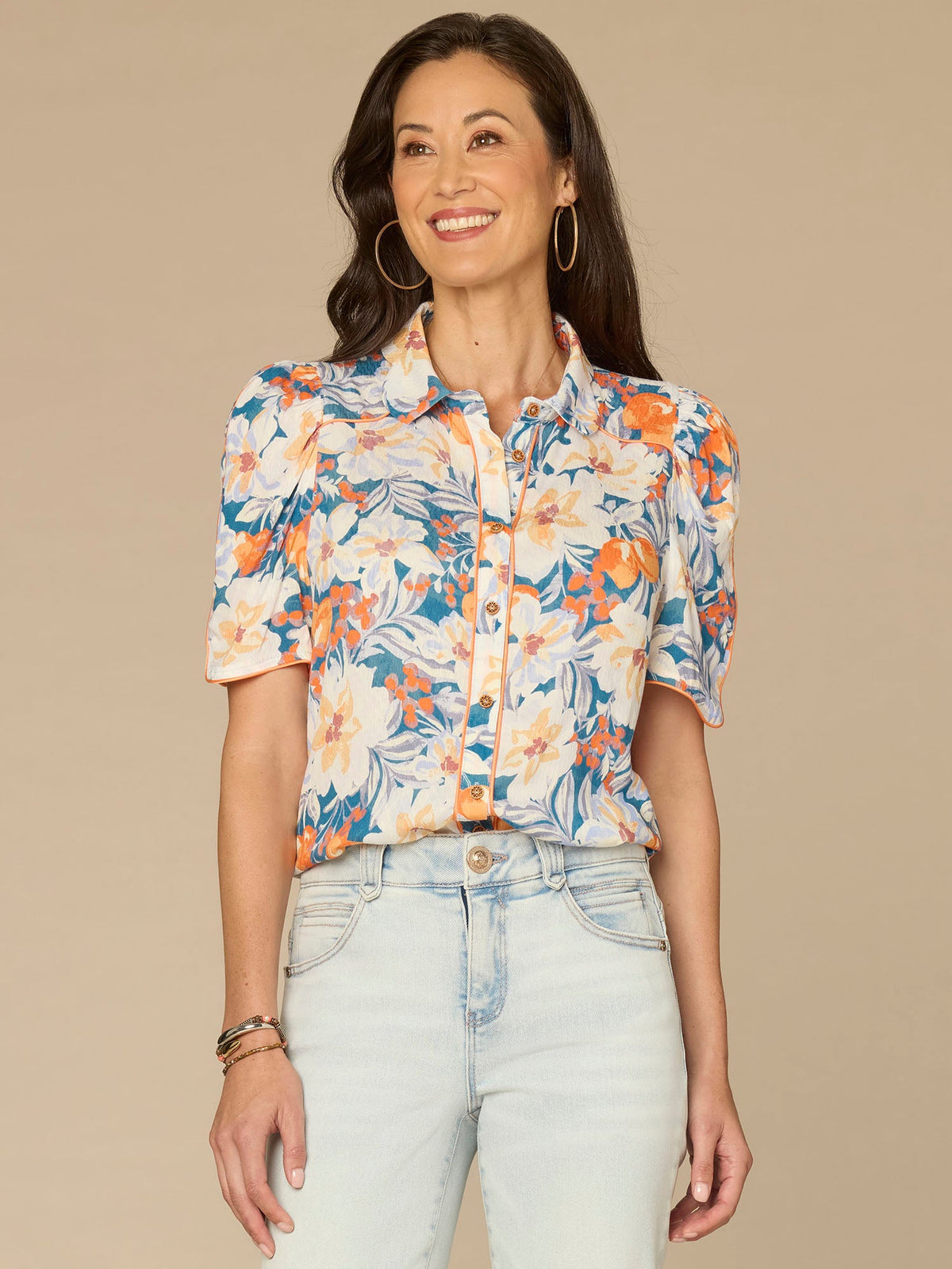 Democracy Clothing Above Elbow Puff Sleeve Scallop Collar Button Down Printed Woven Top - Periwinkle Floral Multi|Morning Mist Lemon Mist