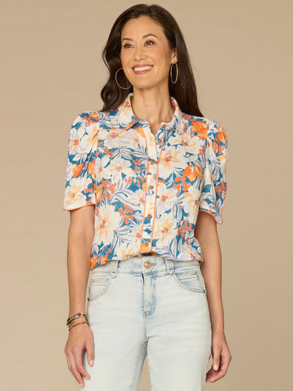 Democracy Clothing Above Elbow Puff Sleeve Scallop Collar Button Down Printed Woven Top - Periwinkle Floral Multi|Morning Mist Lemon Mist
