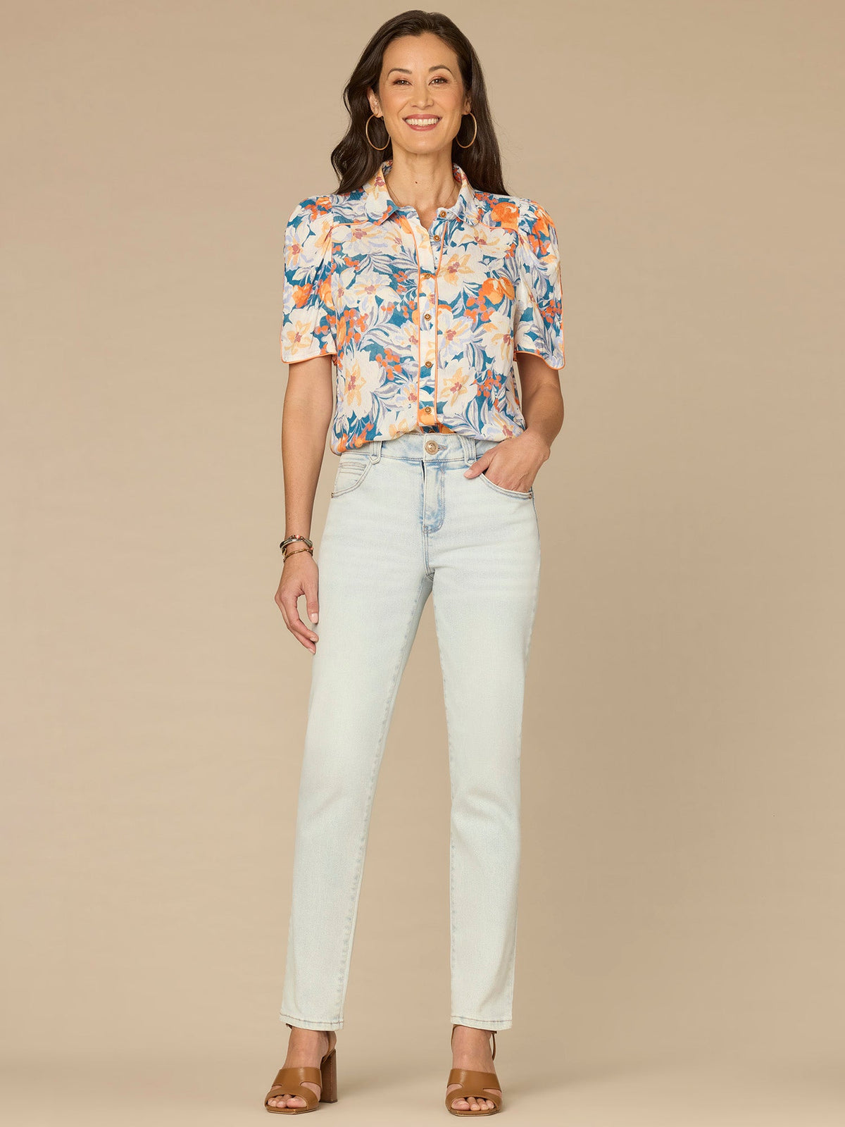 Democracy Clothing Above Elbow Puff Sleeve Scallop Collar Button Down Printed Woven Top - Periwinkle Floral Multi|Morning Mist Lemon Mist
