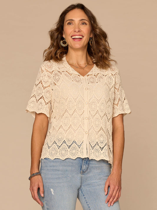 Democracy Clothing Short Sleeve Collared Button Down All-Over Crochet Woven Top - Natural