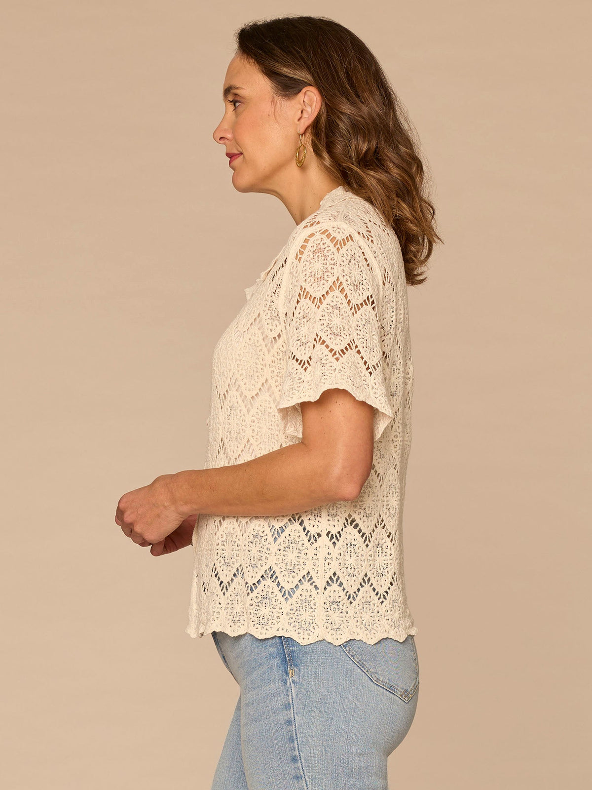 Democracy Clothing Short Sleeve Collared Button Down All-Over Crochet Woven Top - Natural