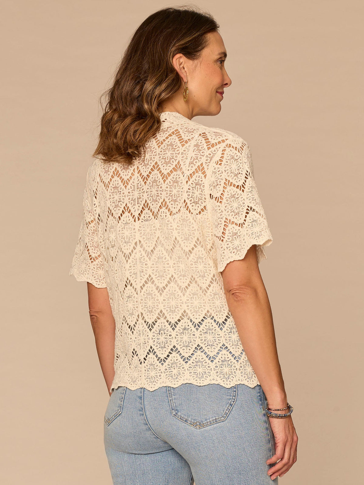 Democracy Clothing Short Sleeve Collared Button Down All-Over Crochet Woven Top - Natural