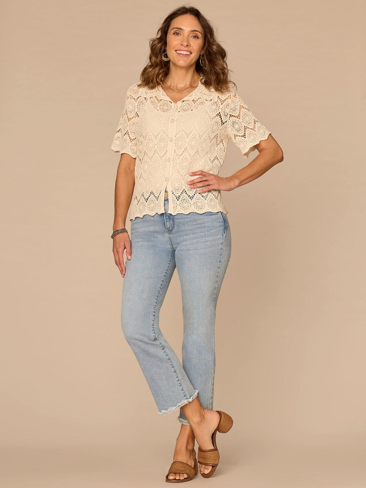 Democracy Clothing Short Sleeve Collared Button Down All-Over Crochet Woven Top - Natural