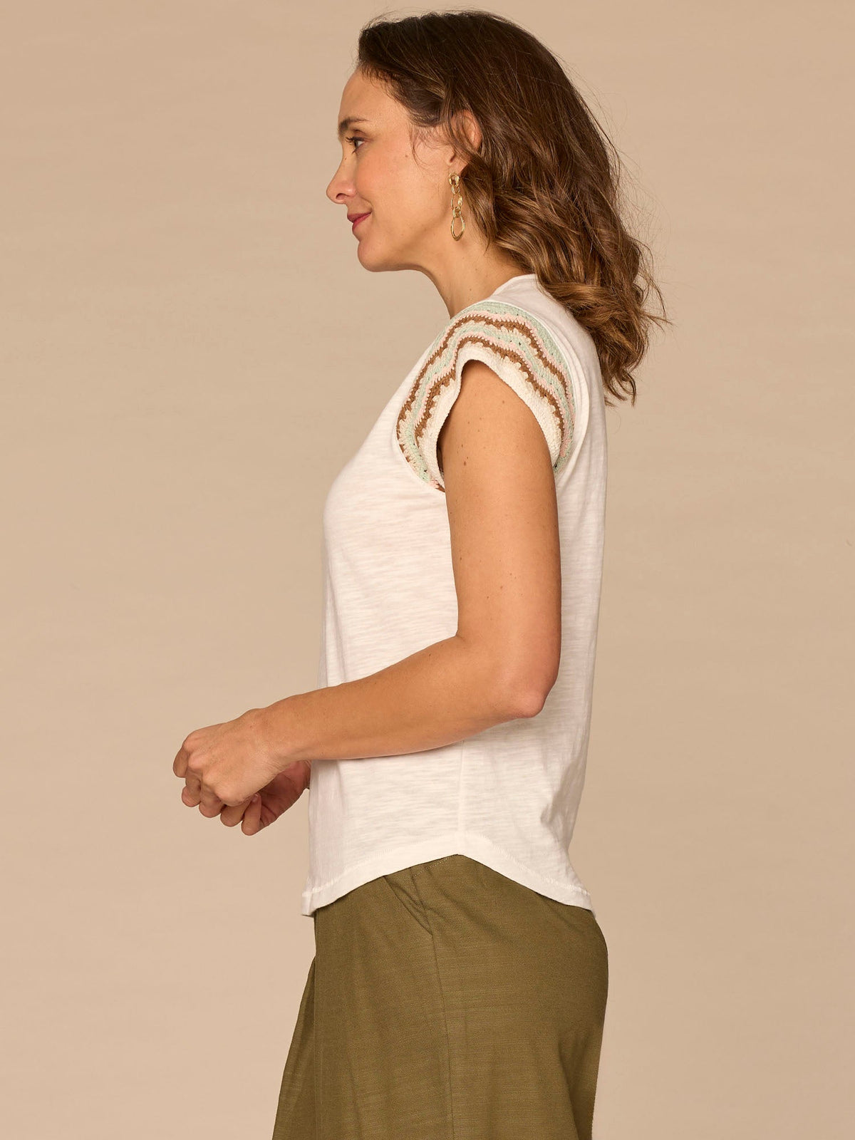 Democracy Clothing Multi Color Crochet Cap Sleeve Notched V-Neck Knit Top - Off White|Lily Pad|Flamingo Pink