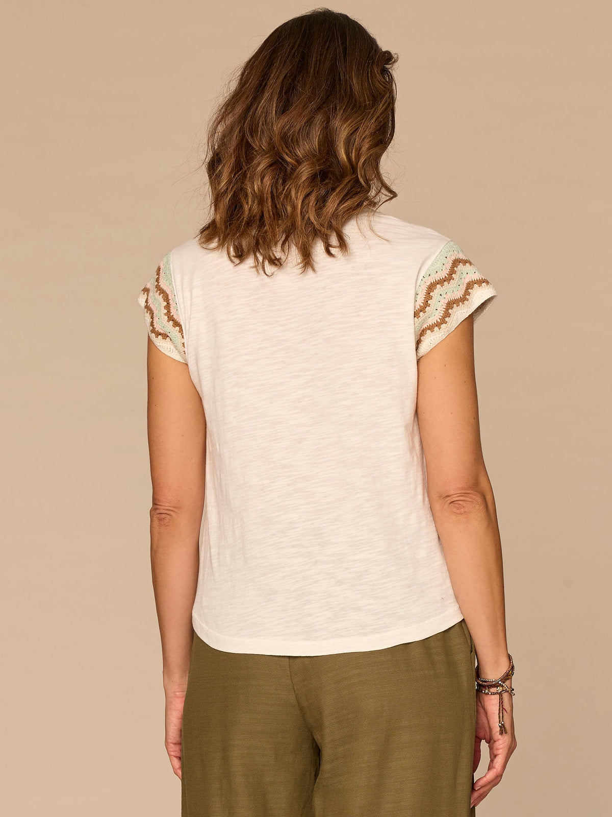 Democracy Clothing Multi Color Crochet Cap Sleeve Notched V-Neck Knit Top - Off White|Lily Pad|Flamingo Pink