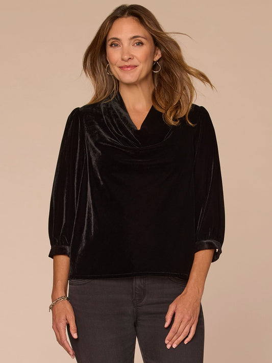 Democracy Clothing Three Quarter Cuff Sleeve Cowl Neck Petite Woven Velvet Top - Black