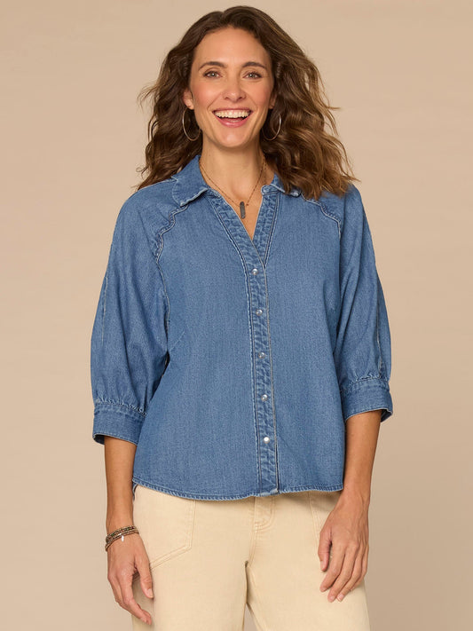 Democracy Clothing Below Elbow Sleeve Scallop Collar Snap Button Down Petite Denim Top - Mid Blue
