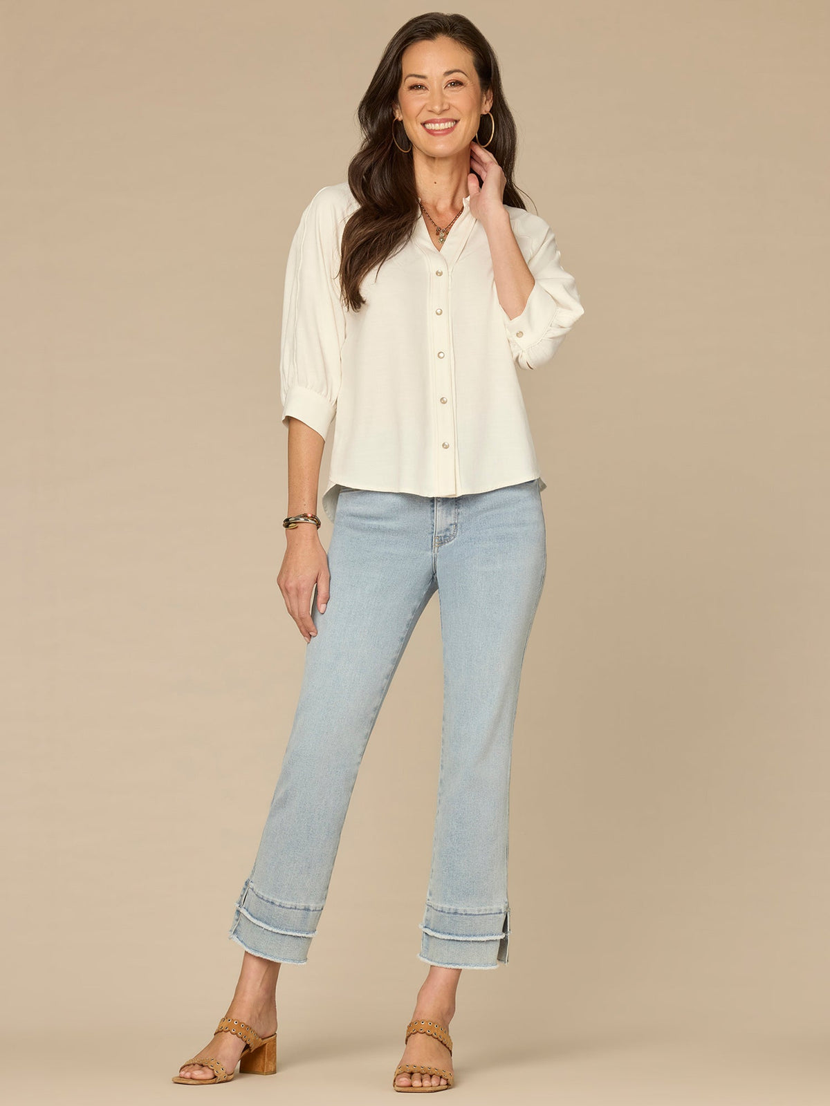 Democracy Clothing Below Elbow V-Neck Snap Front Petite Woven Shirt with Scallop Edge - Off White|Sandy Peach