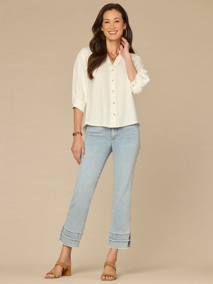 Democracy Clothing Below Elbow V-Neck Snap Front Petite Woven Shirt with Scallop Edge - Off White|Sandy Peach