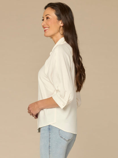 Democracy Clothing Below Elbow V-Neck Snap Front Petite Woven Shirt with Scallop Edge - Off White|Sandy Peach