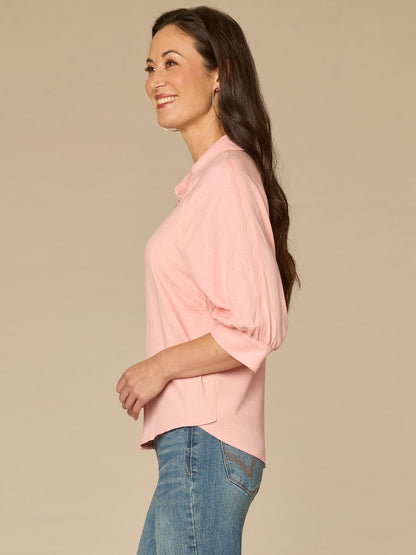 Democracy Clothing Below Elbow V-Neck Snap Front Woven Shirt with Scallop Edge Detail - Off White|Sandy Peach