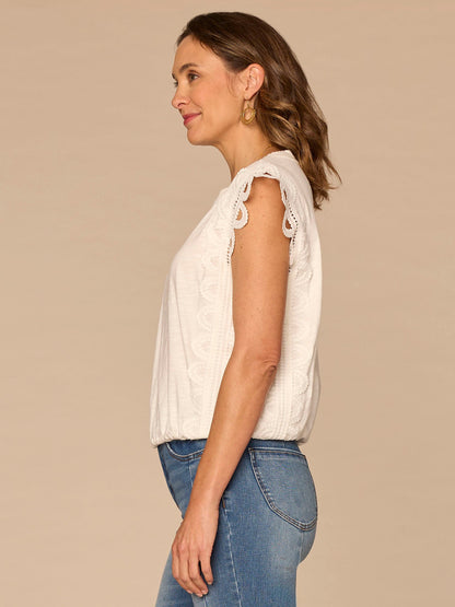Democracy Clothing Extended Cap Sleeve Scoop Neck Scallop Trim Bubble Hem Petite Knit Top - Off White|Tuscan Sun