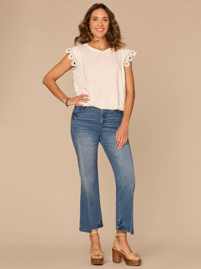 Democracy Clothing Extended Cap Sleeve Scoop Neck Scallop Trim Bubble Hem Petite Knit Top - Off White|Tuscan Sun