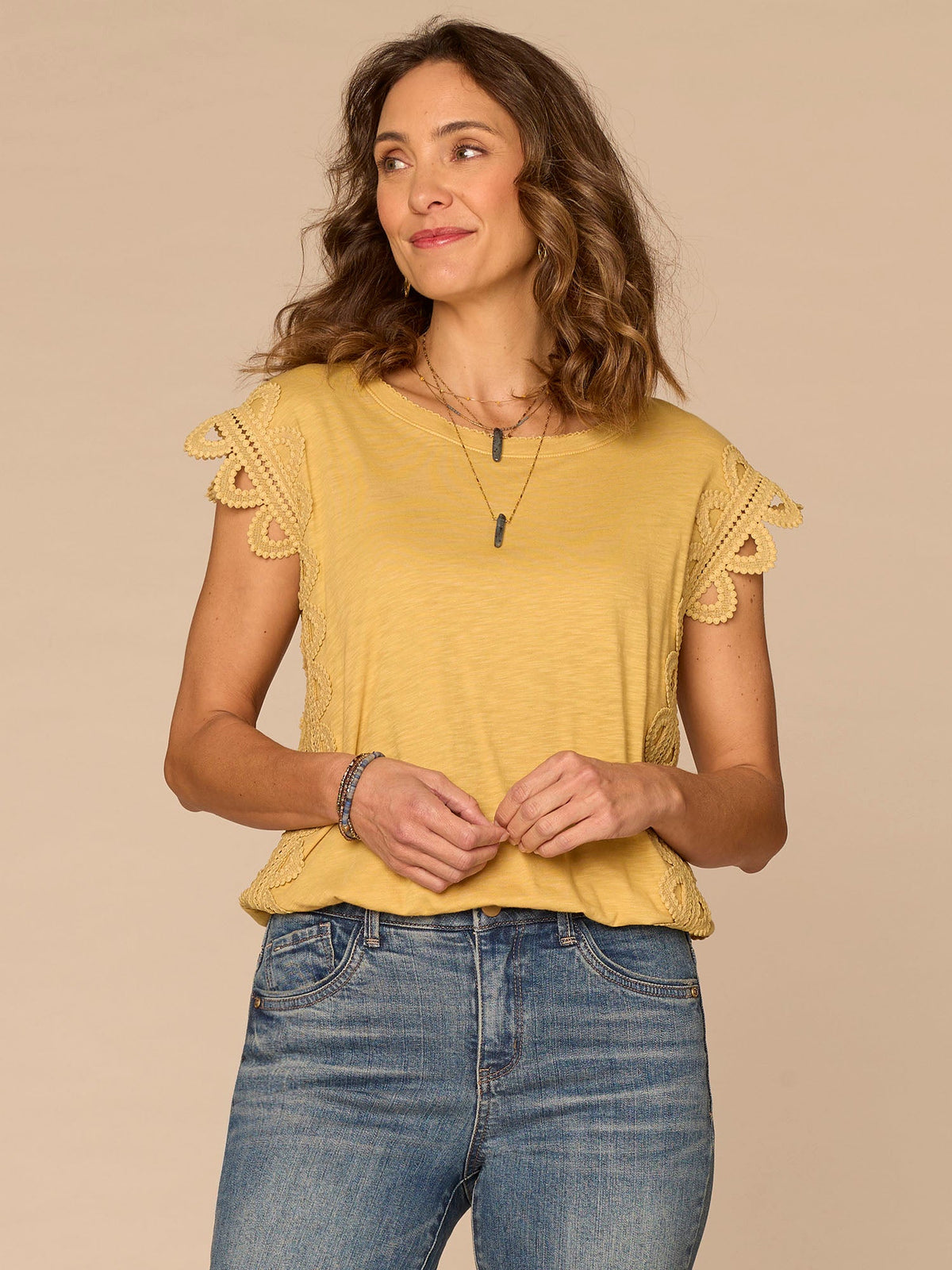 Democracy Clothing Extended Cap Sleeve Scoop Neck Scallop Trim Bubble Hem Petite Knit Top - Off White|Tuscan Sun