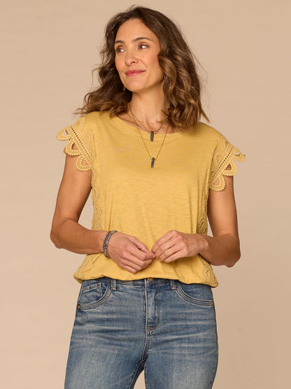 Democracy Clothing Extended Cap Sleeve Scoop Neck Scallop Trim Bubble Hem Petite Knit Top - Off White|Tuscan Sun