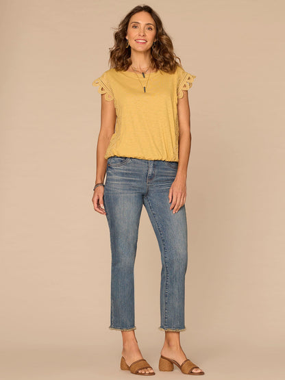 Democracy Clothing Extended Cap Sleeve Scoop Neck Scallop Trim Bubble Hem Petite Knit Top - Off White|Tuscan Sun