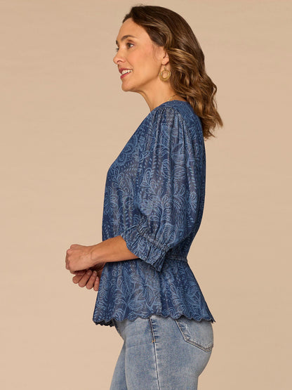 Democracy Clothing Below Elbow Lantern Sleeve V-Neck Scallop Edge Peplum Woven Top - Light Blue|Indigo