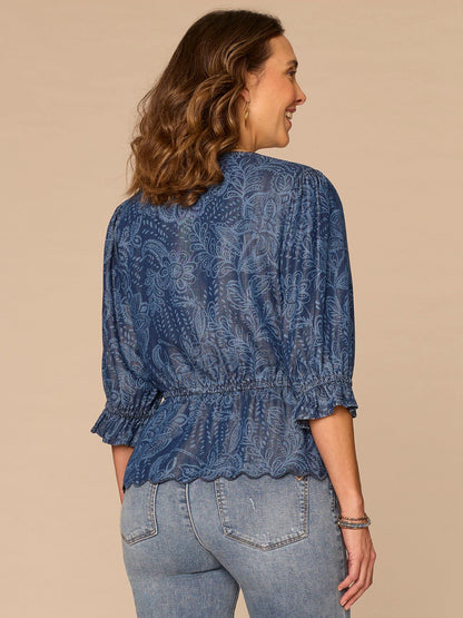 Democracy Clothing Below Elbow Lantern Sleeve V-Neck Scallop Edge Peplum Woven Top - Light Blue|Indigo