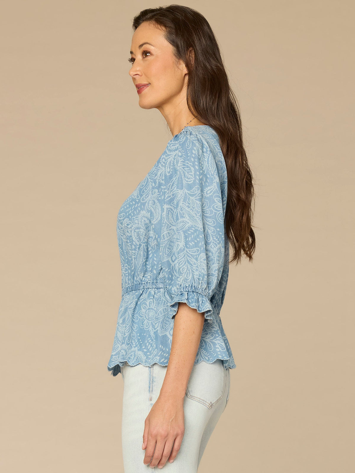 Democracy Clothing Lantern Sleeve V-Neck Peplum Petite Woven Top with Scallop Detail - Light Blue|Indigo