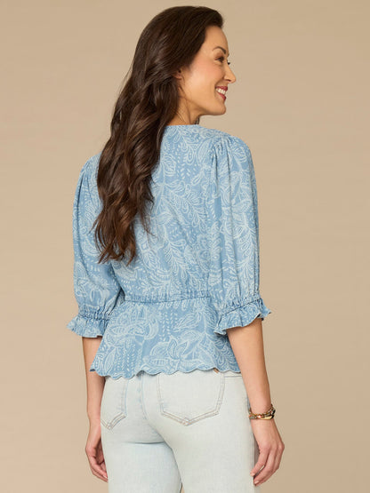 Democracy Clothing Lantern Sleeve V-Neck Peplum Petite Woven Top with Scallop Detail - Light Blue|Indigo