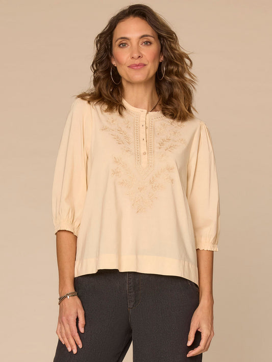 Democracy Clothing Below Elbow Blouson Sleeve Round Neck Embroidered Petite Woven Top - Macadamia