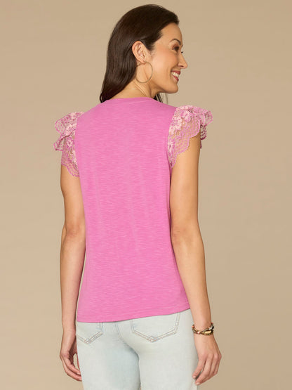 Democracy Clothing Flutter Cap Sleeve Scallop Sweetheart Neck Mixed Media Knit Top - Blooming Orchid