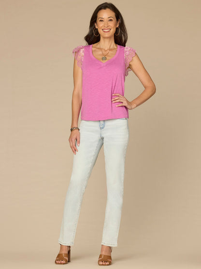 Democracy Clothing Flutter Cap Sleeve Scallop Sweetheart Neck Mixed Media Knit Top - Blooming Orchid