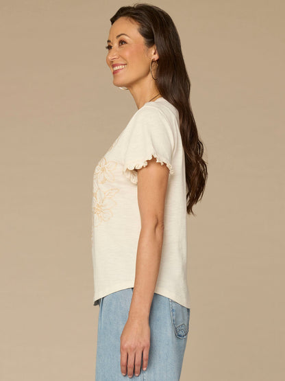 Democracy Clothing Short Ruffle Sleeve Crew Neck Floral Embroidered Knit Top - Blanched Almond