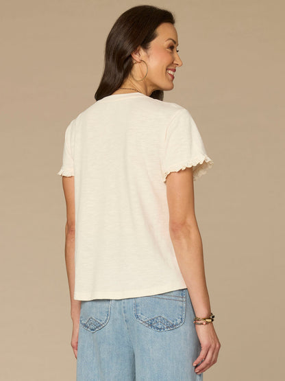 Democracy Clothing Short Ruffle Sleeve Crew Neck Floral Embroidered Knit Top - Blanched Almond