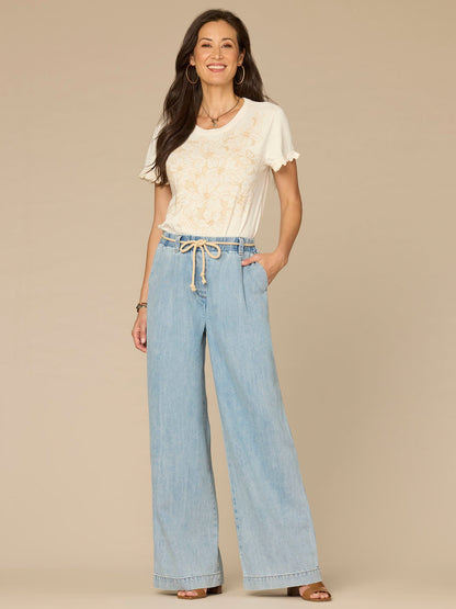 Democracy Clothing Short Ruffle Sleeve Crew Neck Floral Embroidered Petite Knit Top - Blanched Almond